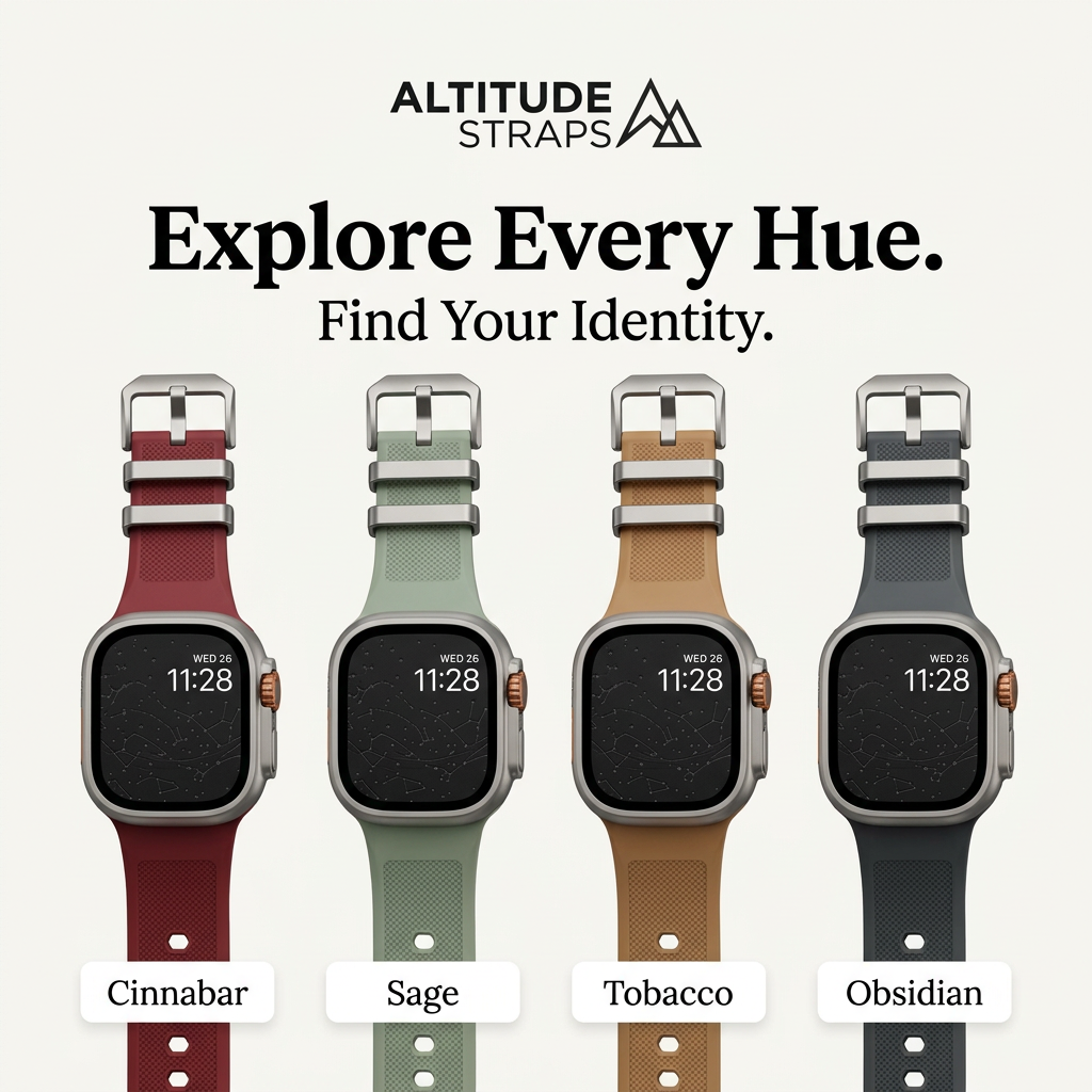 Four rugged smartwatches with red, sage, tan and charcoal silicone straps lined up with colour name labels below