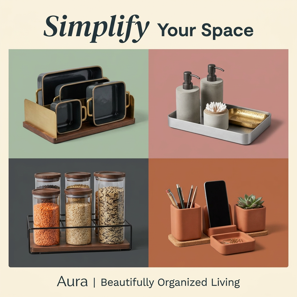 Four-panel grid of home organisers: brass rack, concrete soap set, glass jars and terracotta desk set on coloured panels