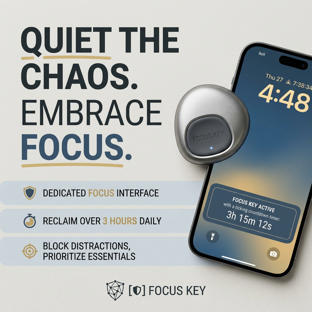 Brushed metal Focus Key device beside a smartphone showing an active focus timer, with headline and three feature callouts