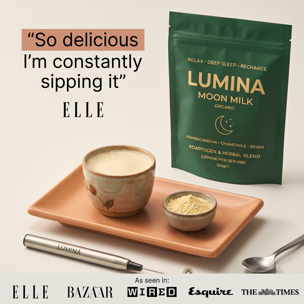 Green Lumina Moon Milk pouch beside a frothy ceramic cup, powder bowl and frother, with a magazine quote and press logo bar