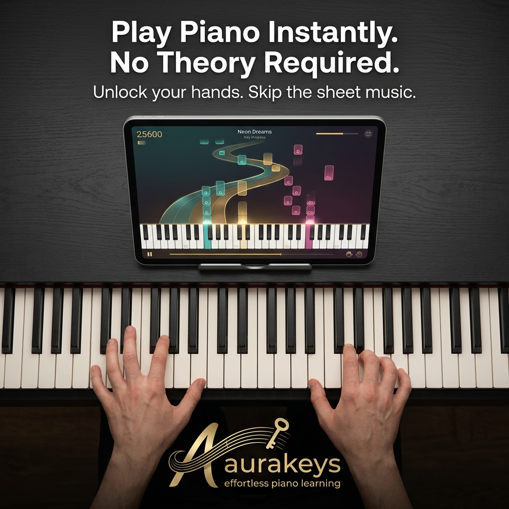 Top-down view of hands on a piano keyboard with a tablet showing colourful falling notes of a piano learning app
