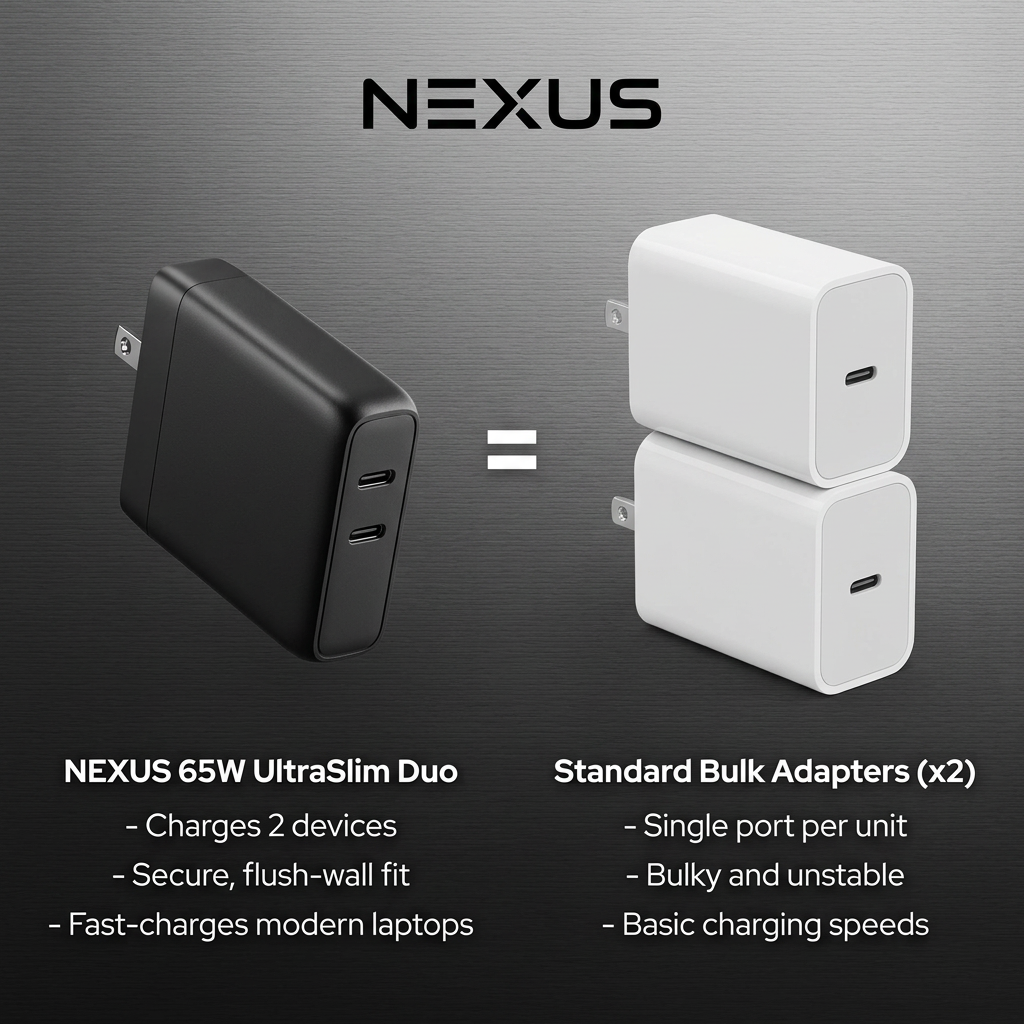 Slim black dual USB-C wall charger beside two stacked white single-port adapters, an equals sign and comparison bullets