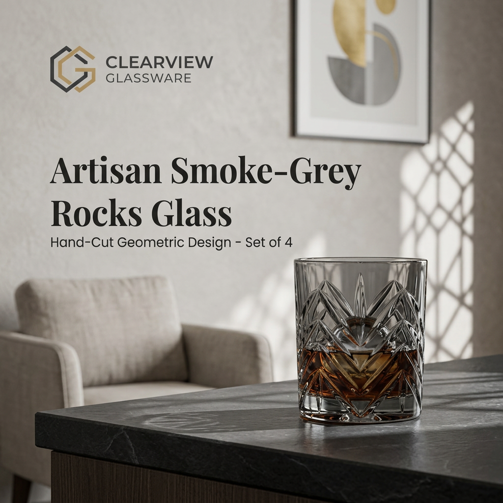 Hand-cut smoke-grey crystal rocks glass with whiskey on a dark slate counter in a sunlit modern living room