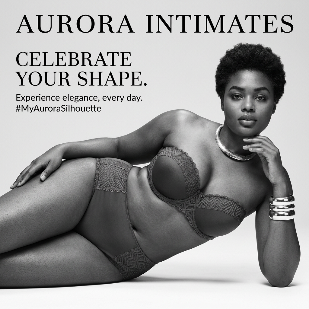 Black-and-white lingerie ad: curvy model lying in a lace strapless bra and briefs beside the headline Celebrate Your Shape