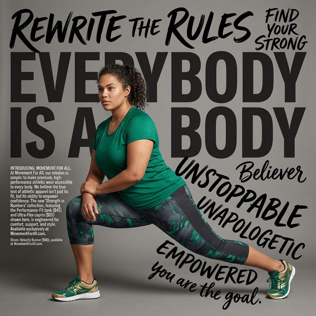 Curvy woman in a green tee and printed capris doing a lunge in front of bold text reading Everybody Is A Body