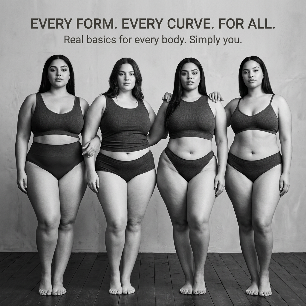 Black-and-white photo of four curvy women in matching seamless bralettes and briefs standing arm in arm in a studio