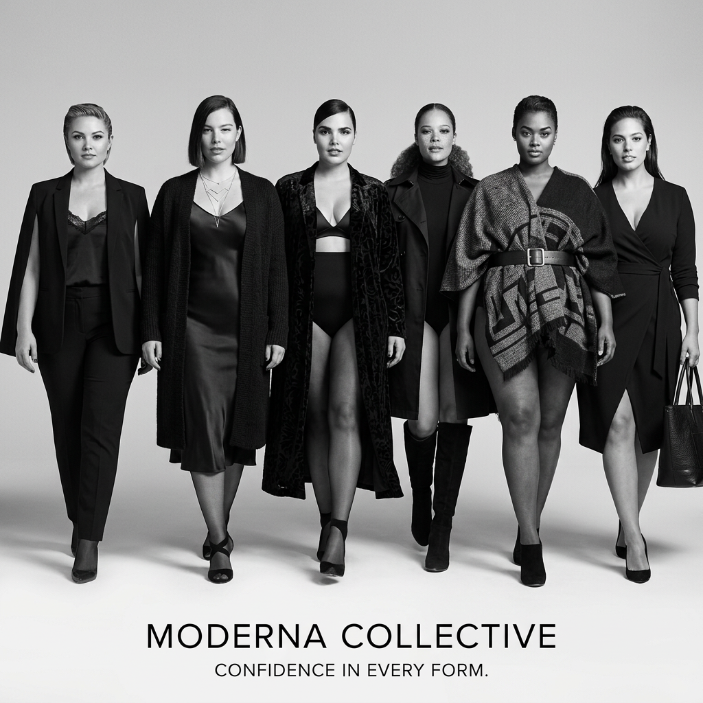Black-and-white image of six curvy women walking in a row in dark tailored and evening outfits above a brand logo