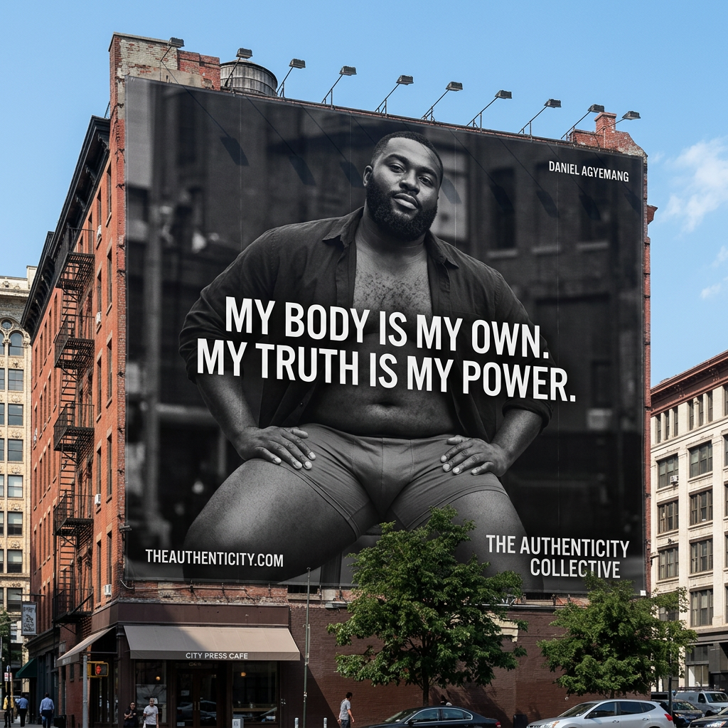City billboard of a plus-size man in boxer briefs and an open shirt with the words My Body Is My Own, My Truth Is My Power