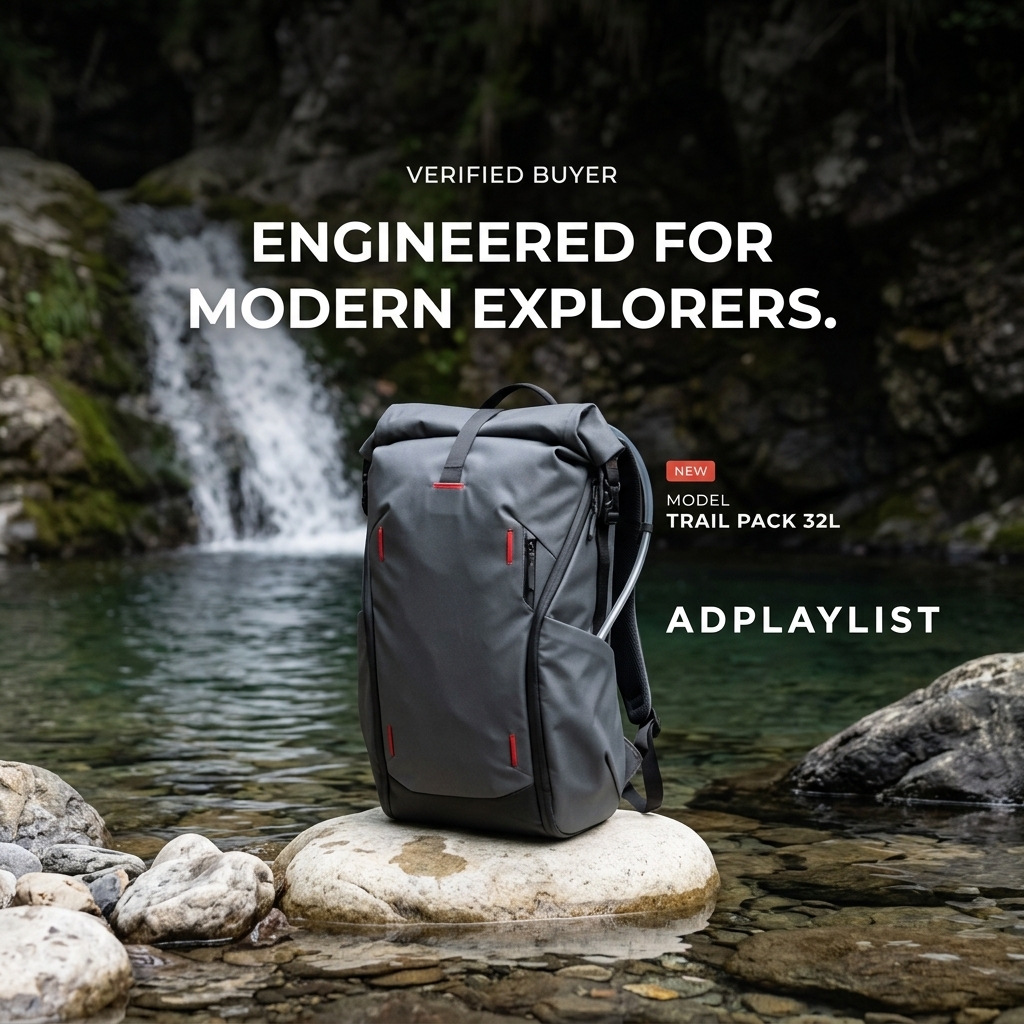 Grey roll-top hiking backpack with red zip pulls standing on a white rock in a clear river pool below a waterfall