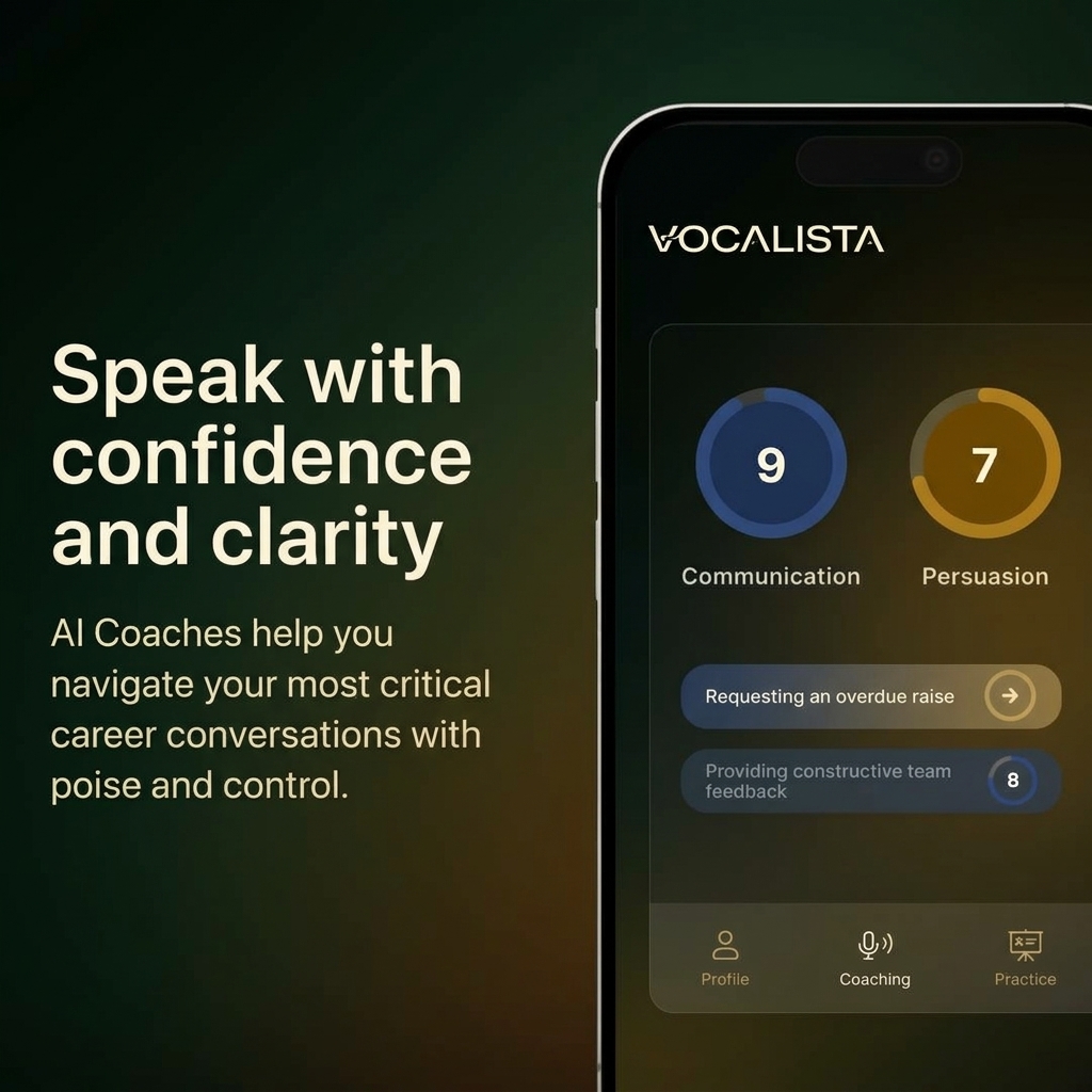 Phone app showing a communication score of 9, persuasion score of 7 and a practice scenario for requesting a raise