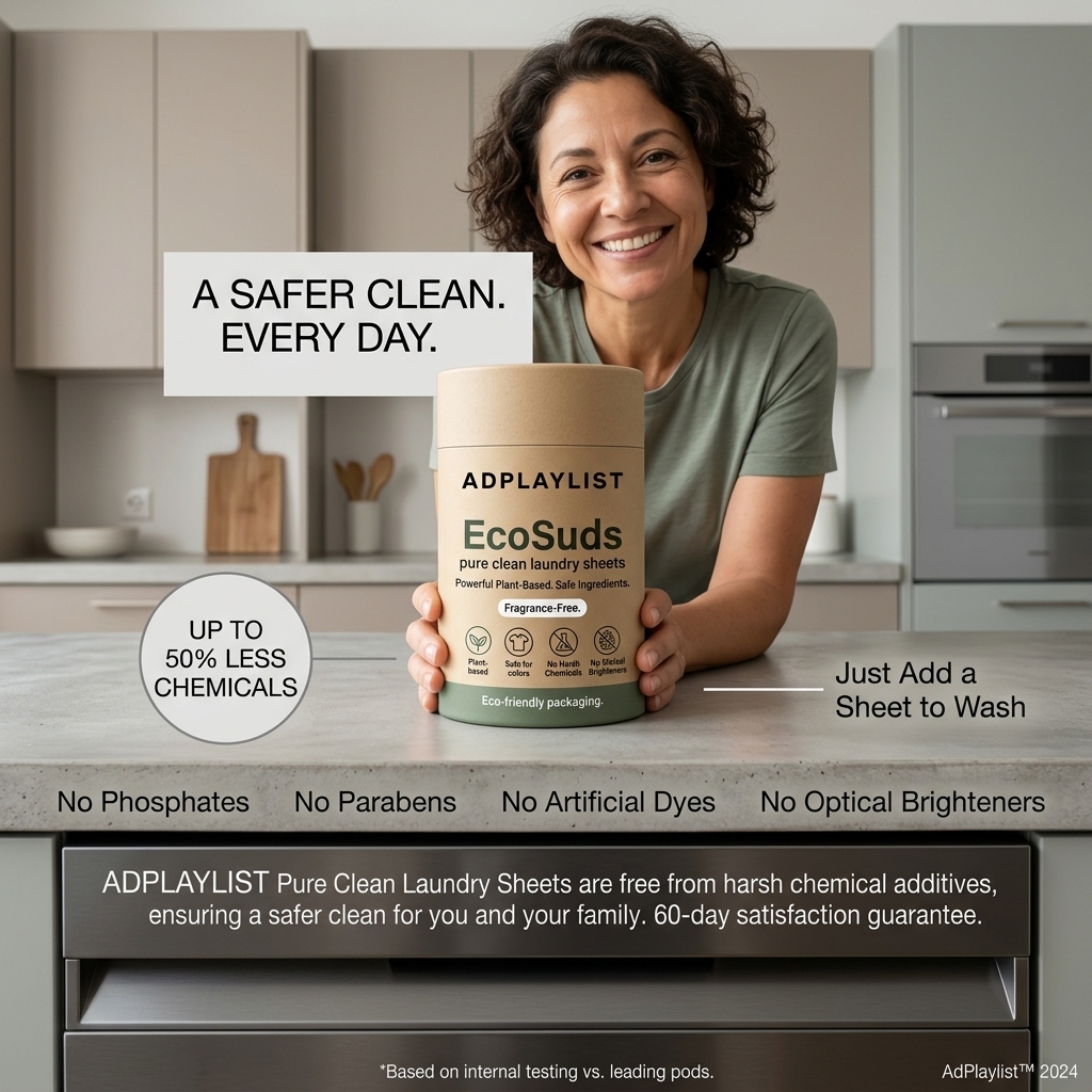 Smiling woman in a kitchen holding a kraft tube of EcoSuds laundry sheets, with free-from callouts below