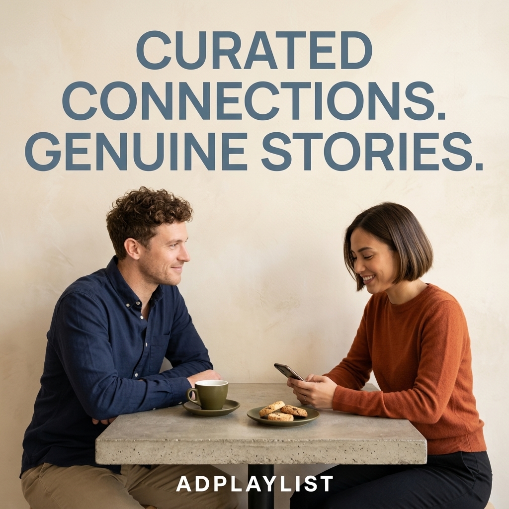 Man in a navy shirt and woman in a rust sweater smiling across a concrete café table with coffee and cookies