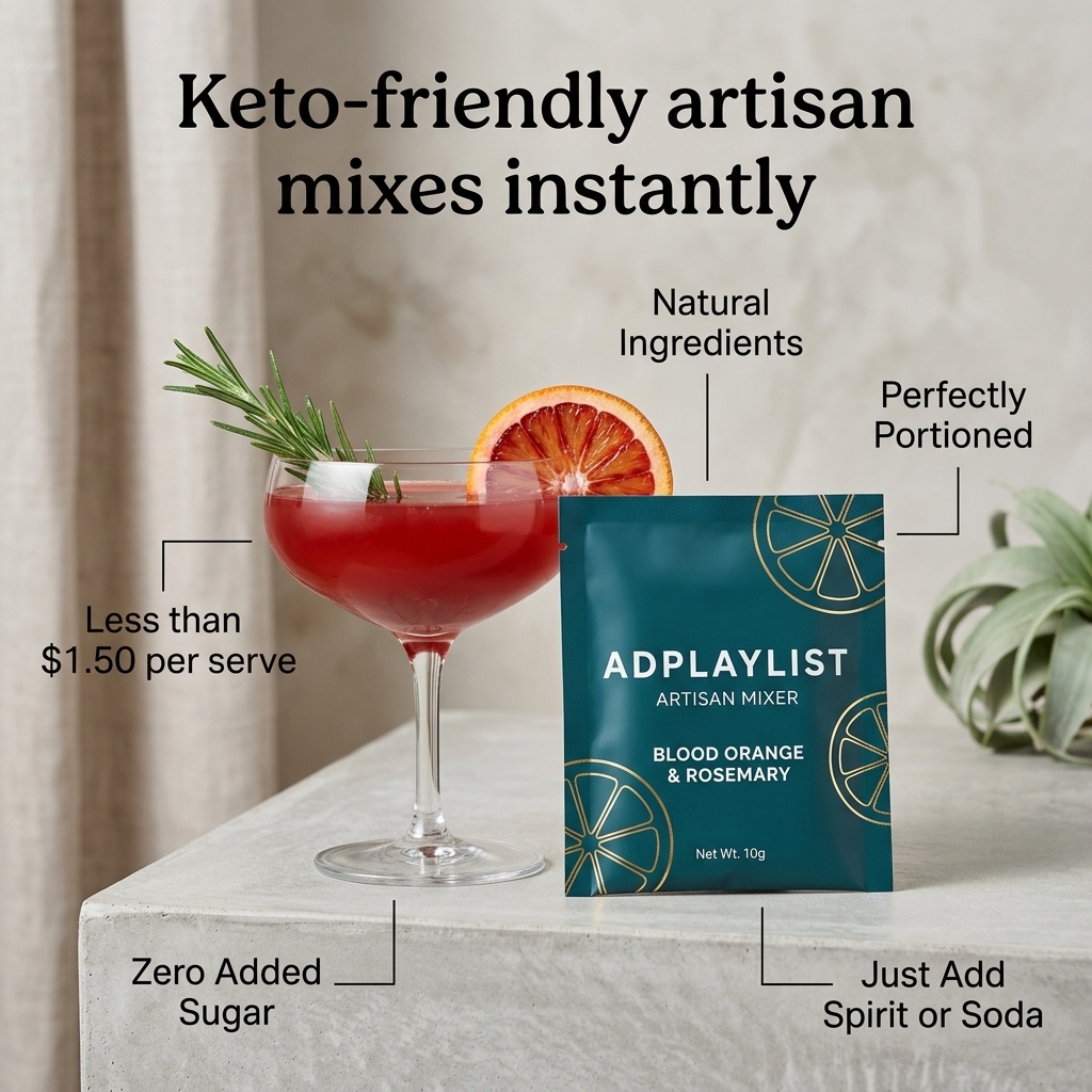 Red blood orange cocktail with rosemary and an orange slice beside a teal mixer sachet on a stone plinth