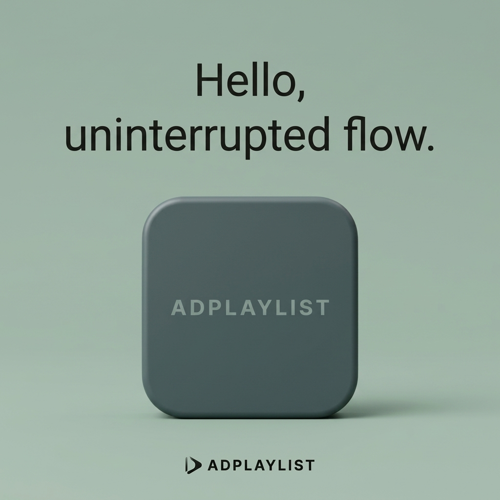 Rounded square slate green device with Adplaylist printed on the front, centred on a sage green background