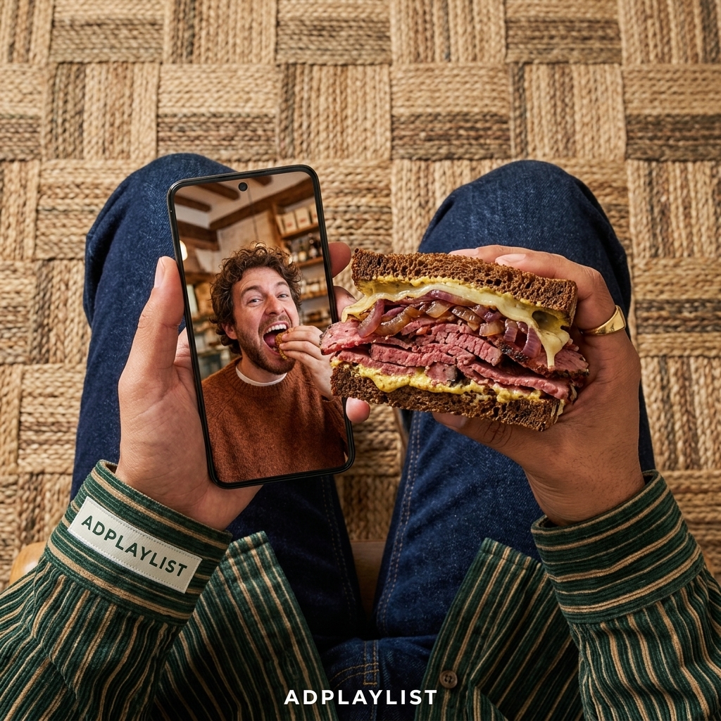 POV of hands holding a pastrami rye sandwich and a phone showing a man biting a sandwich, over a woven rug