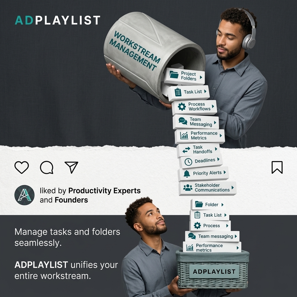 Man pouring feature cards from a workstream pipe into a basket held by the same man below, in a social post frame