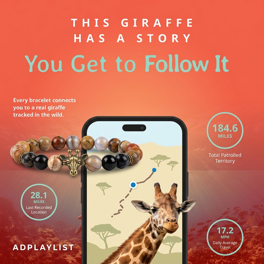 Beaded bracelet with a bronze giraffe charm beside a phone map app showing a giraffe and a route, with three stat circles