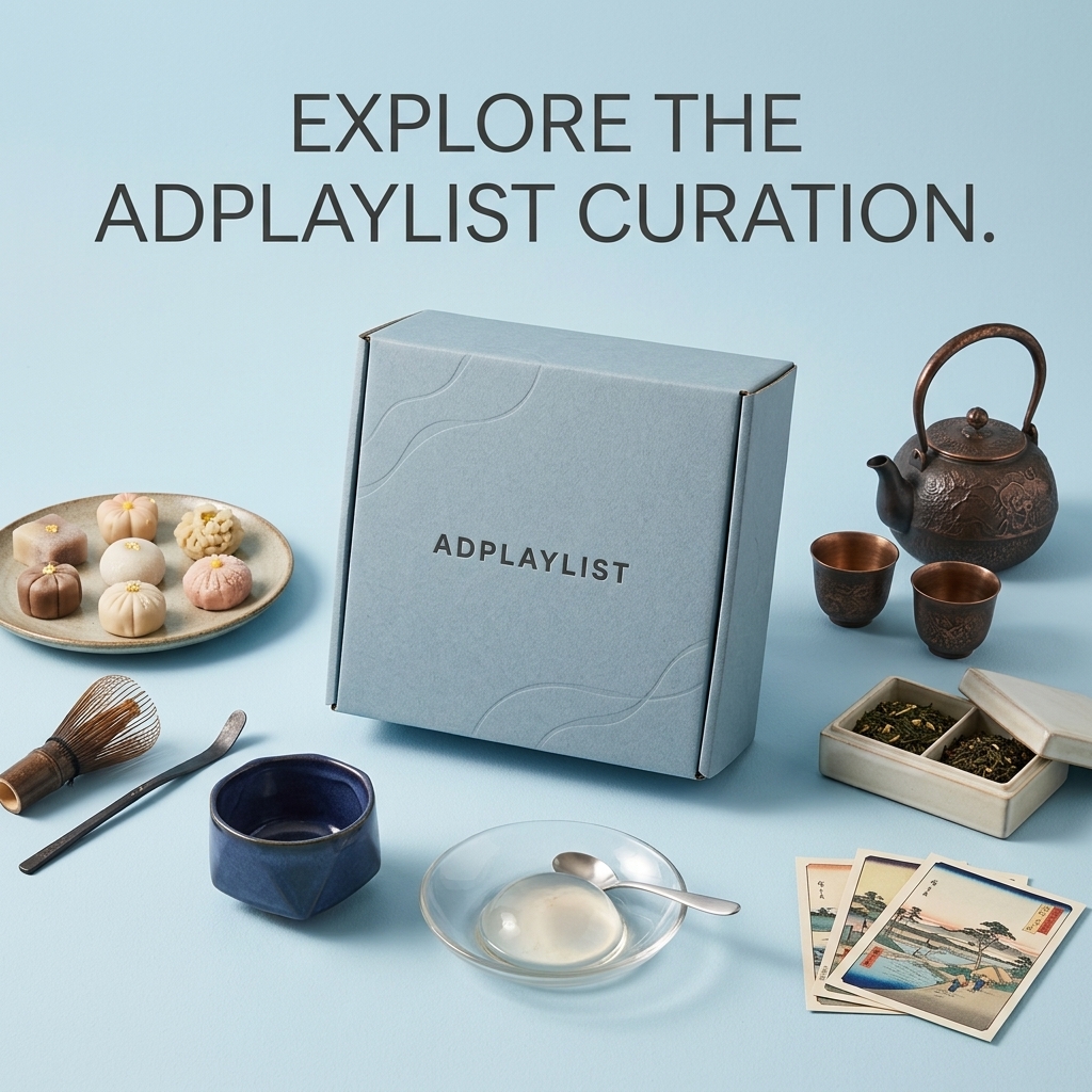 Pale blue Adplaylist box surrounded by wagashi sweets, a cast iron teapot, matcha whisk, tea bowl and print cards