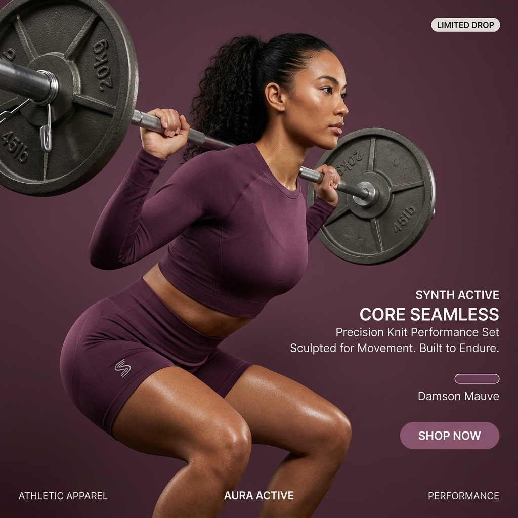 Woman in plum seamless long-sleeve crop top and shorts doing a barbell back squat on a dark mauve background