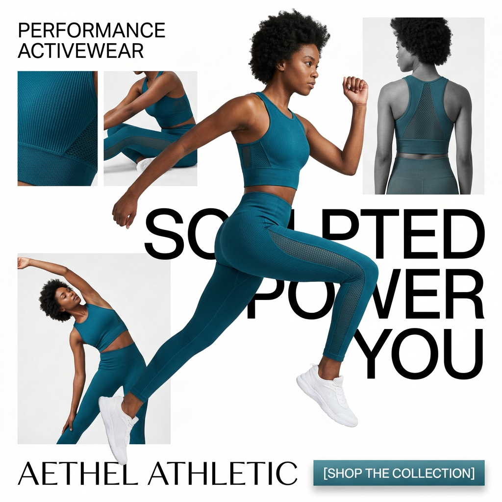 Woman in teal ribbed sports bra and mesh-panel leggings running, surrounded by collage photos of fabric details and poses