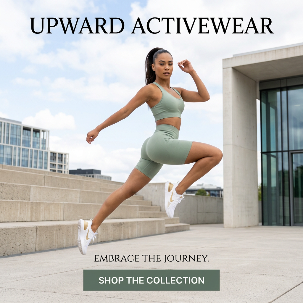 Woman in sage green sports bra and bike shorts leaping mid-air in front of concrete steps and modern glass buildings