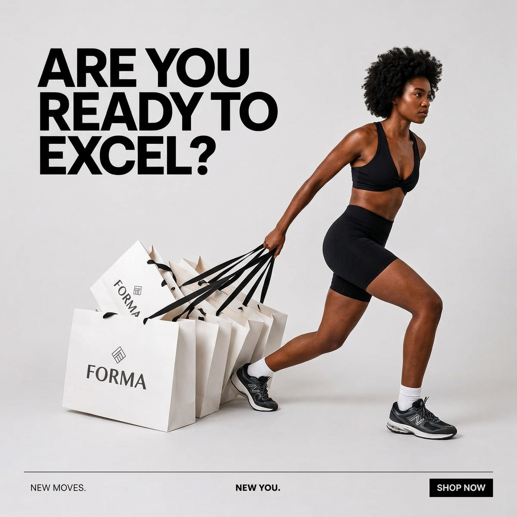 Woman in black sports bra and bike shorts pulling a pile of white Forma shopping bags by their handles like a training sled