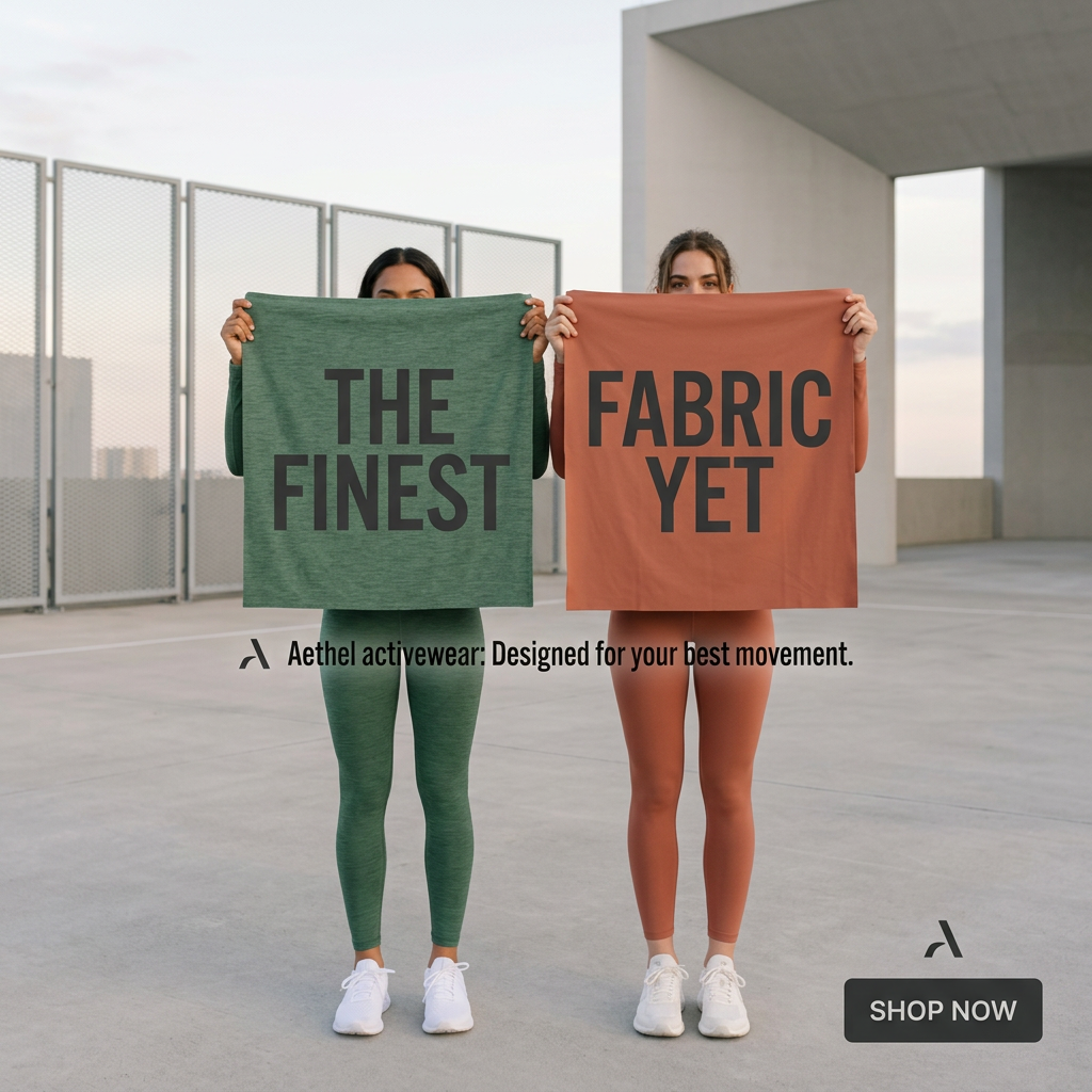 Two women in green and terracotta activewear holding matching fabric swatches that read The Finest Fabric Yet