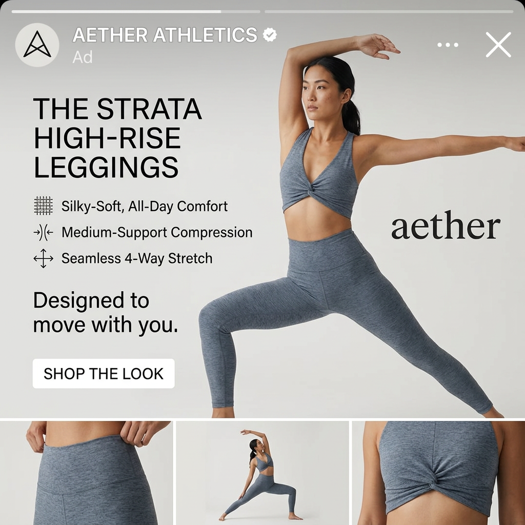 Woman in heather blue high-rise leggings and twist-front bra in a warrior pose next to three feature callouts with icons