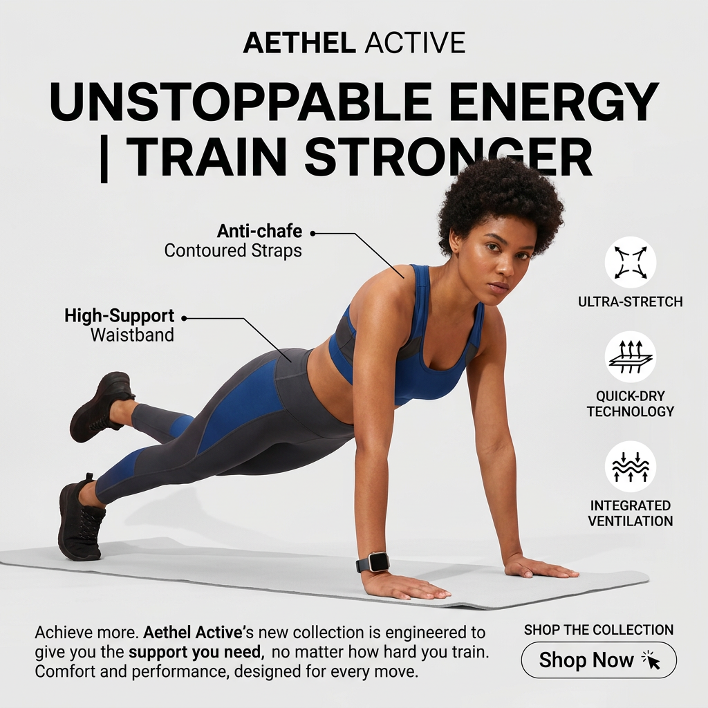 Woman in blue and charcoal sports bra and leggings holding a plank on a mat with callout lines and feature icons