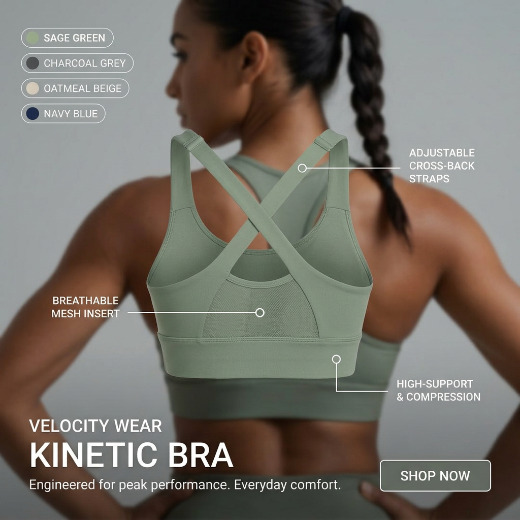 Sage cross-back sports bra from behind with callouts for straps, mesh insert and support, plus four colour swatches