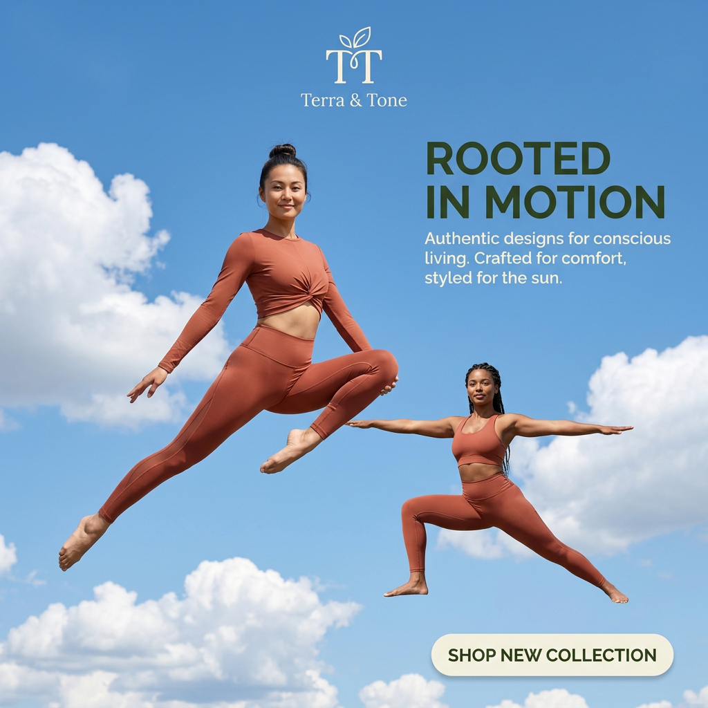 Two women in terracotta yoga sets floating mid-pose against a blue sky with white clouds