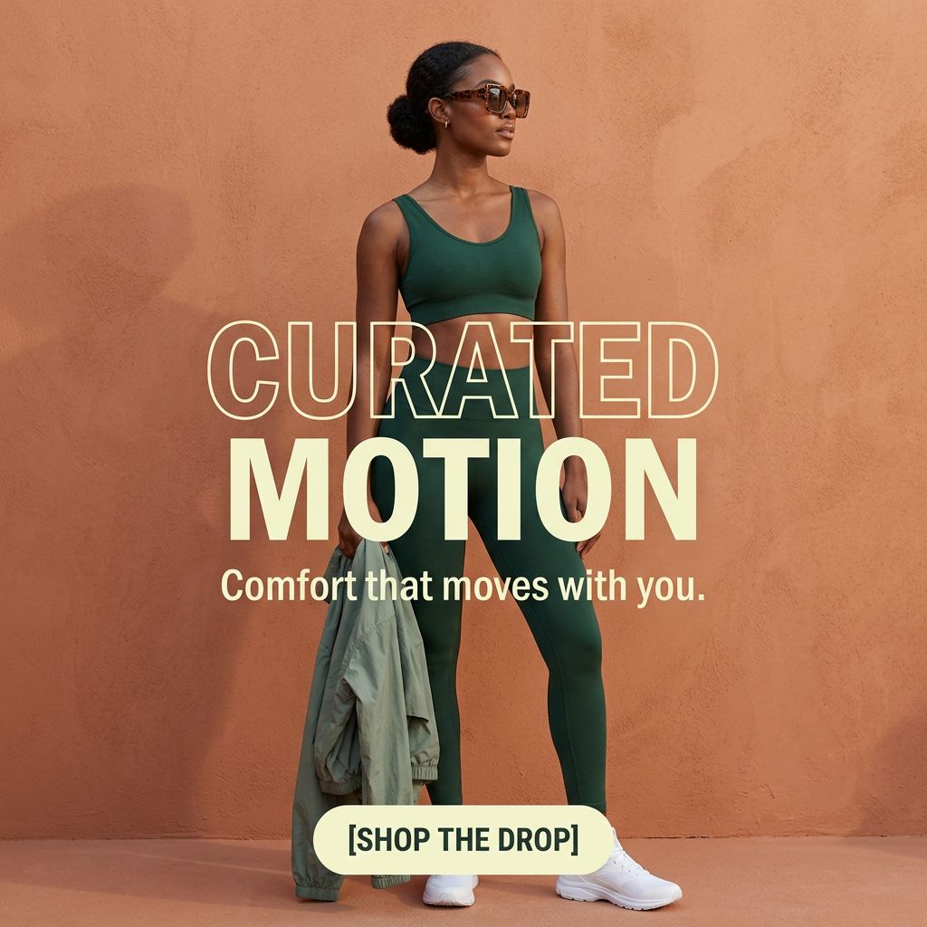 Model in a forest-green sports bra and leggings against a terracotta wall with the text Curated Motion and Shop the Drop