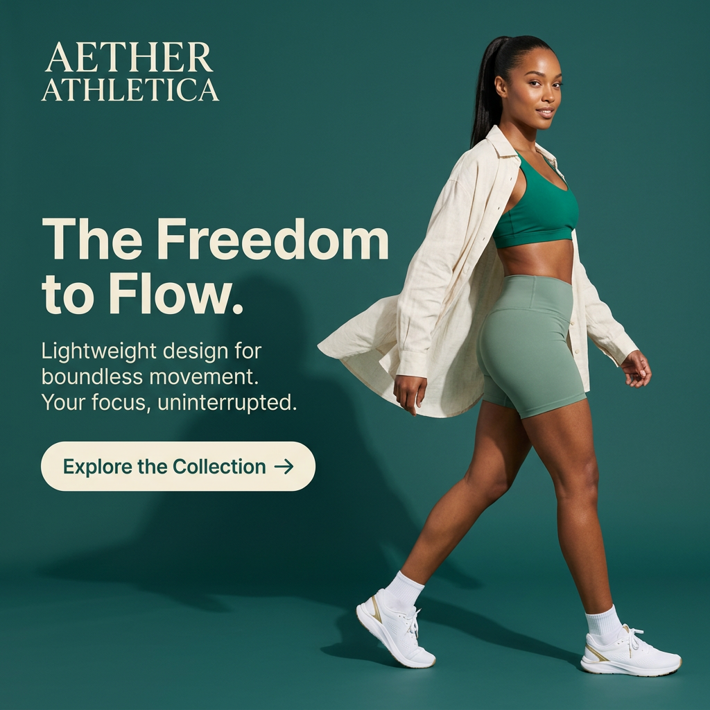 Model walking in green sports bra, sage bike shorts and linen shirt on teal background with headline The Freedom to Flow