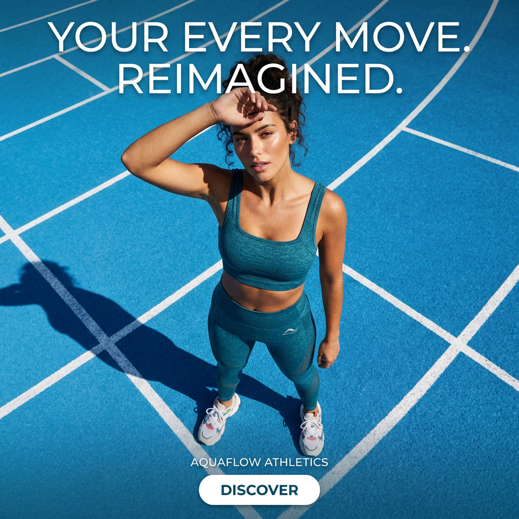 Overhead shot of an athlete in a teal seamless sports bra and leggings on a blue running track with headline Your Every Move