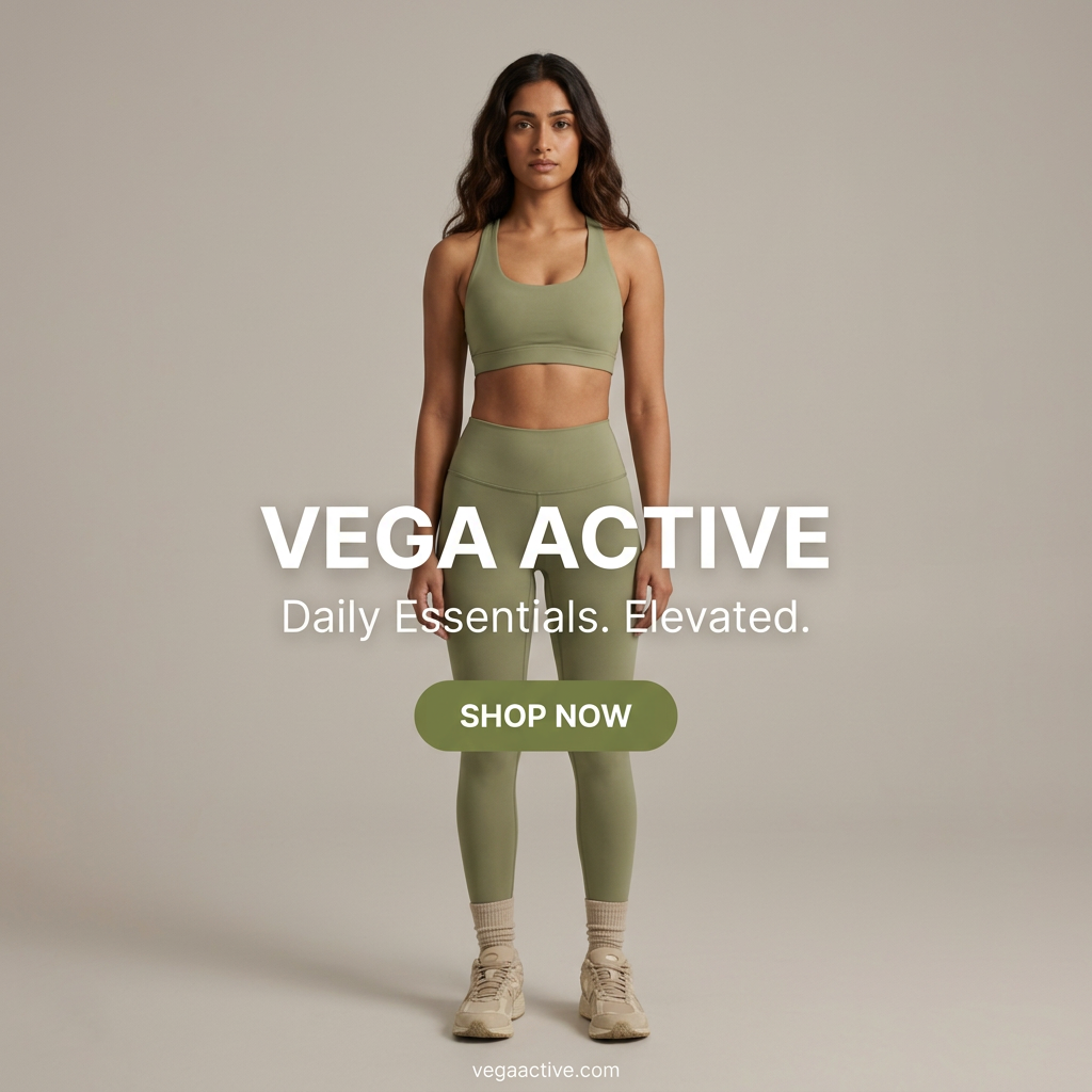 Model standing front-on in olive racerback sports bra, leggings and beige socks on neutral background with text Vega Active