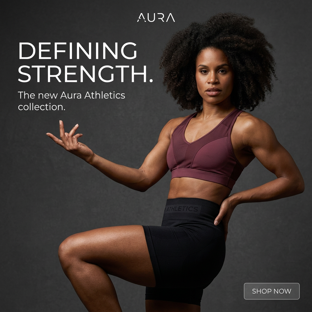 Athletic woman in plum sports bra and black shorts posing with raised knee on dark grey backdrop, text Defining Strength