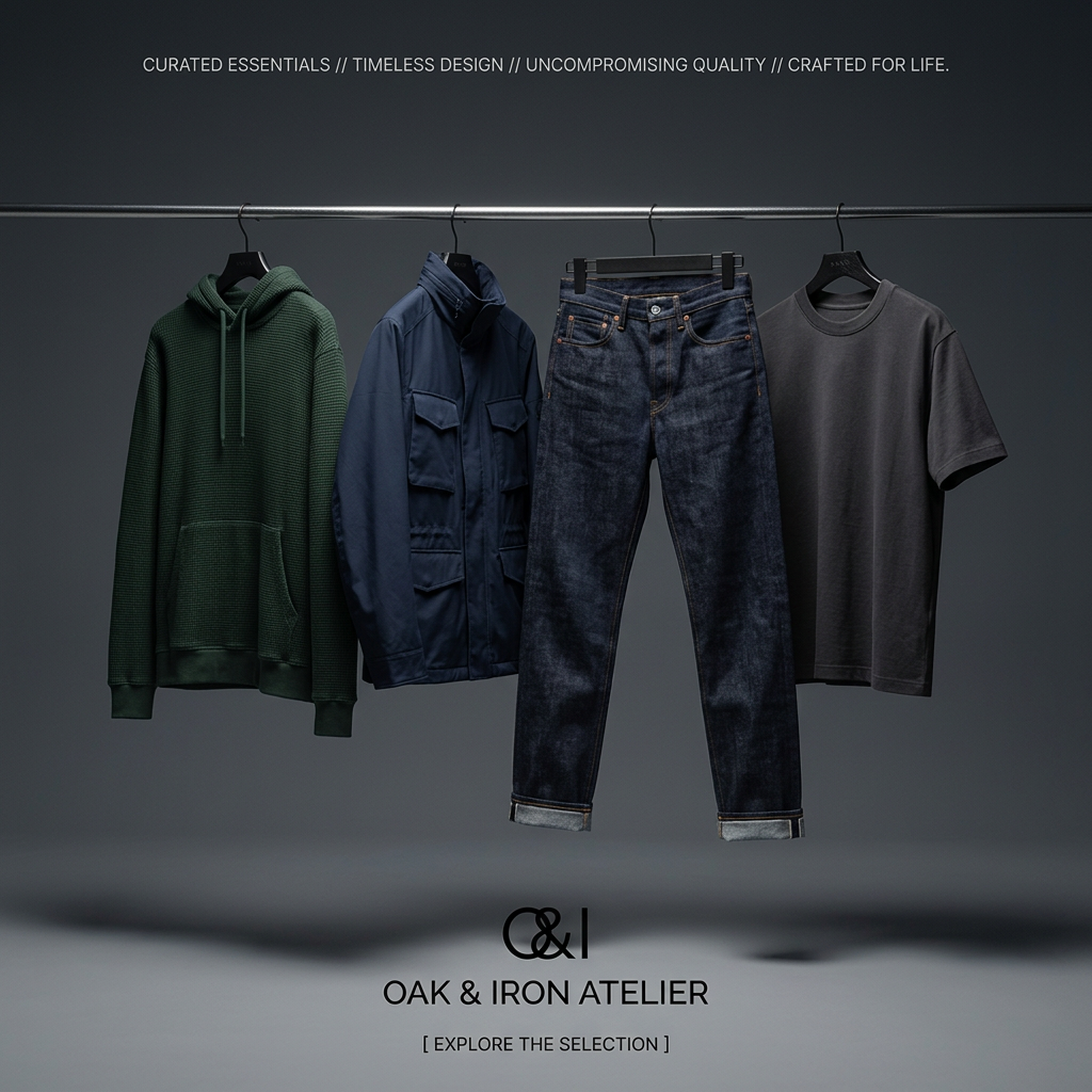 Green waffle hoodie, navy field jacket, raw selvedge jeans and charcoal tee hanging on a rail against a grey backdrop