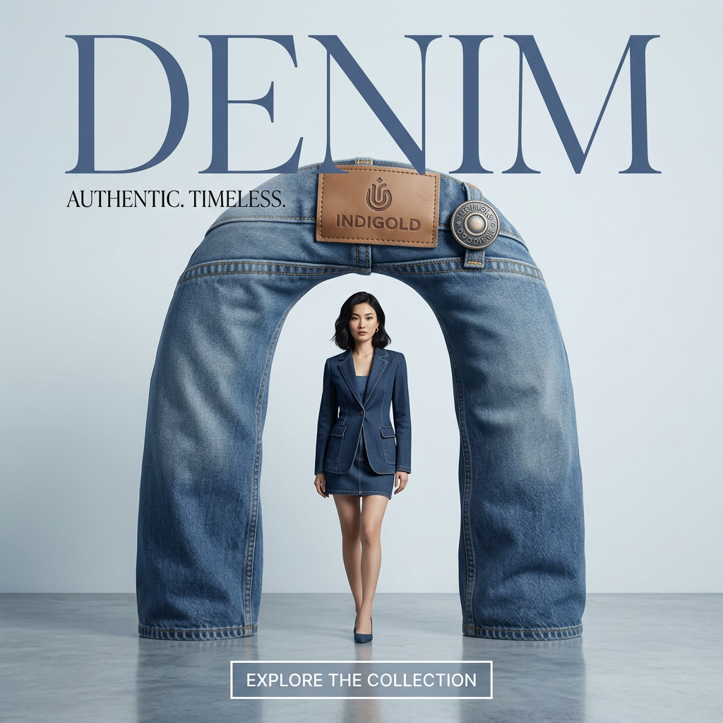 Model in a denim blazer and skirt walking through an arch formed by a giant pair of light-wash jeans