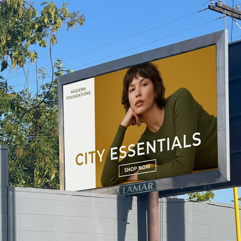 Roadside billboard showing a woman in an olive ribbed knit on mustard yellow with the text City Essentials and Shop Now