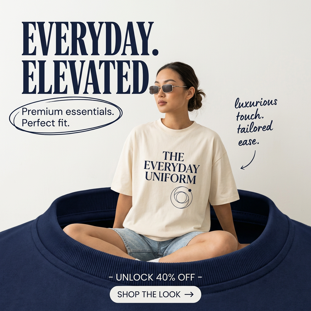 Woman in sunglasses and an oversized cream tee sitting inside a giant navy sweatshirt collar with a 40% off offer