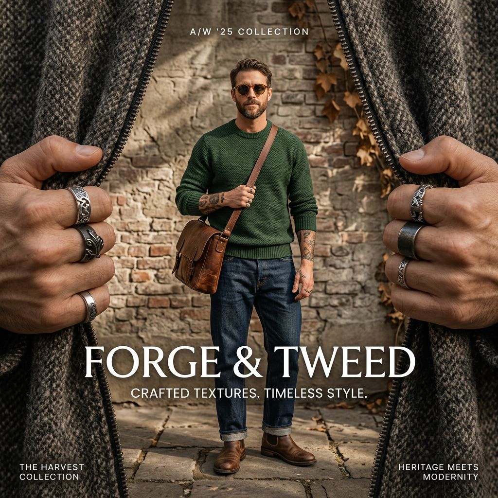 Ringed hands pulling open a tweed coat to reveal a man in a green knit, raw denim and boots in front of a brick wall