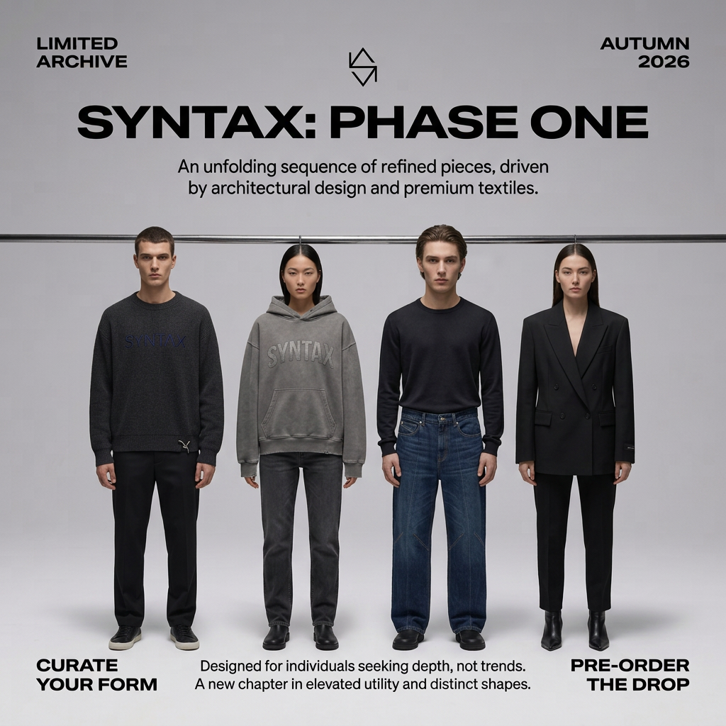 Four models in black, grey and denim pieces standing in a row under a steel rail with the headline Syntax: Phase One