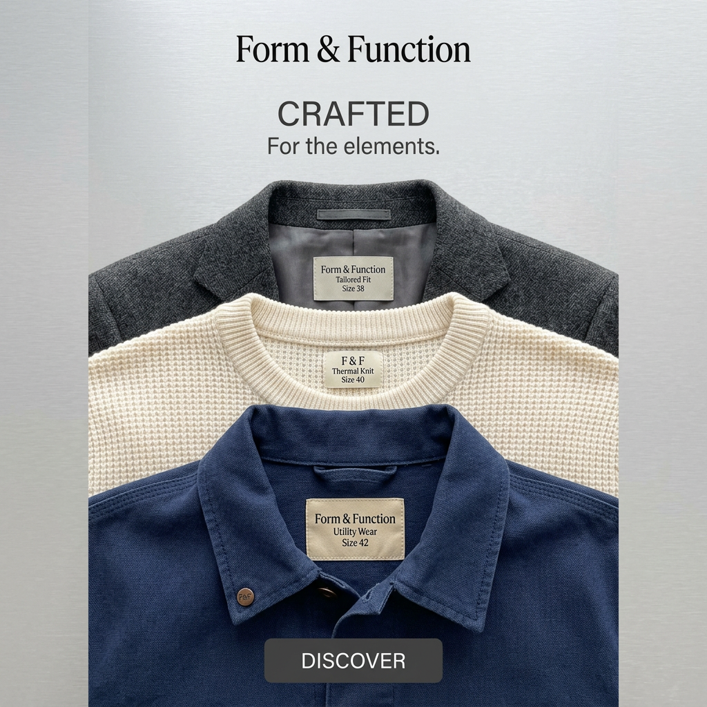 Stacked collars of a charcoal blazer, cream waffle knit and navy utility jacket, each with its own garment label