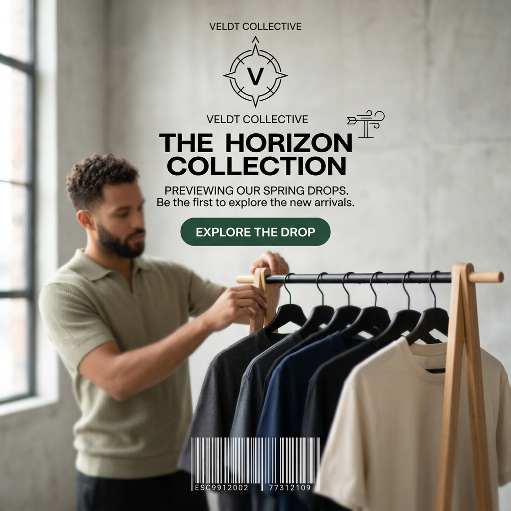 Man in a sage knit polo arranging black, grey, navy and cream T-shirts on a wooden clothing rail in a bright studio