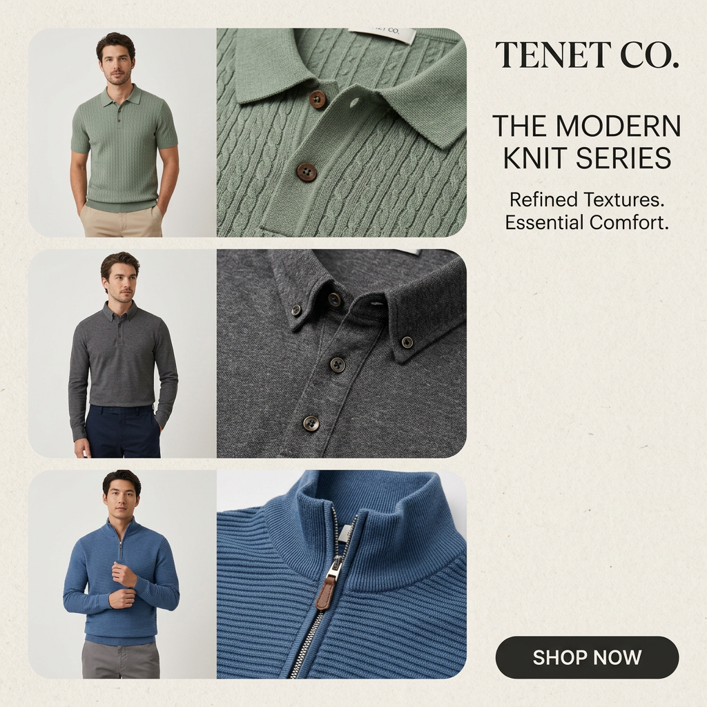 Three rows showing a sage cable-knit polo, charcoal knit polo and blue quarter-zip on a model next to fabric close-ups