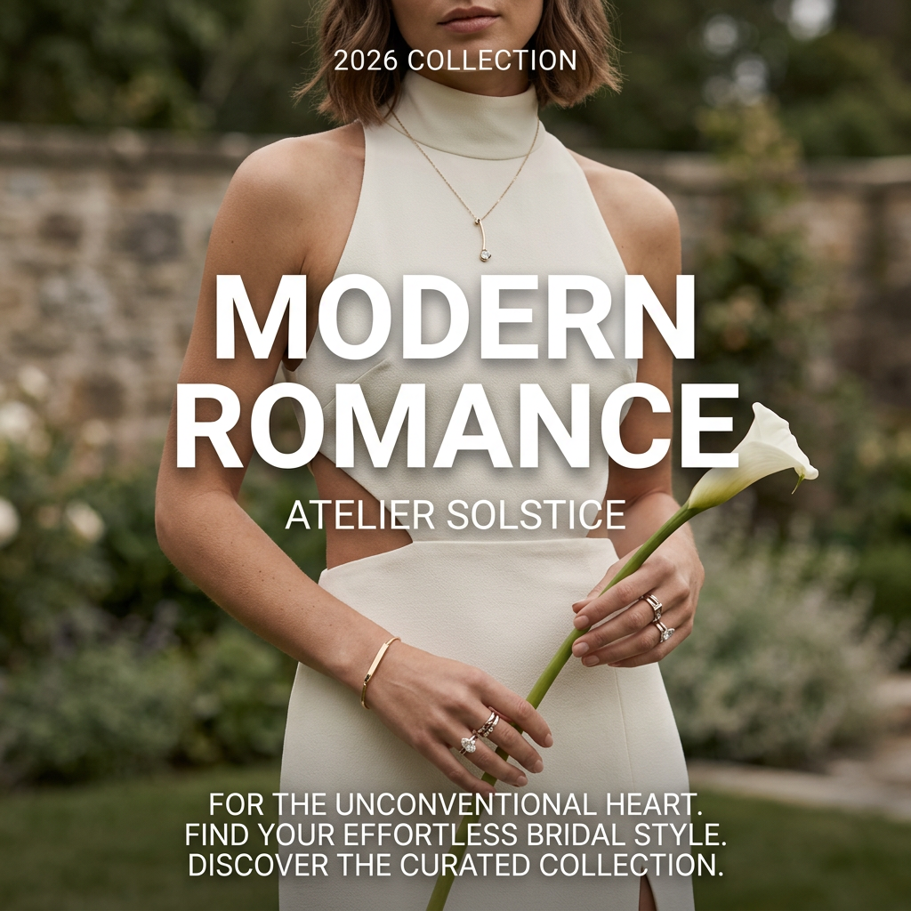 Woman in an ivory cut-out halter bridal gown holding a calla lily in a garden, with Modern Romance headline