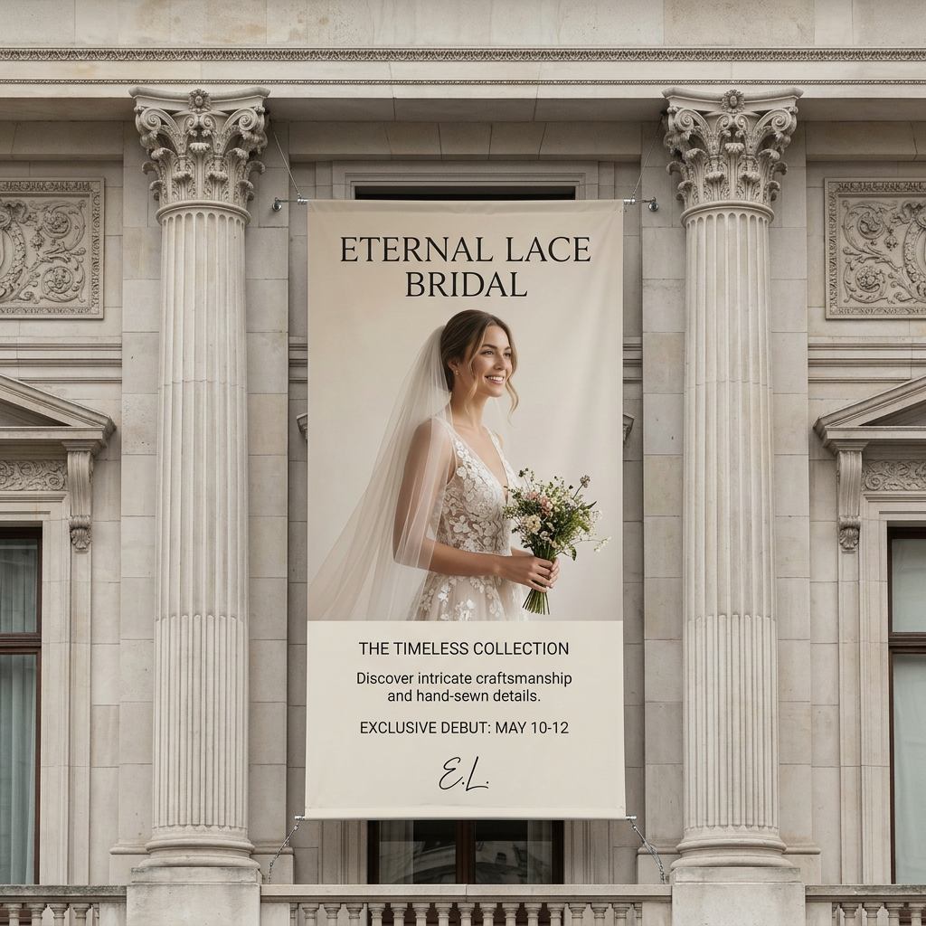 Banner of a smiling bride in a floral lace gown and veil hanging between Corinthian columns on a stone facade