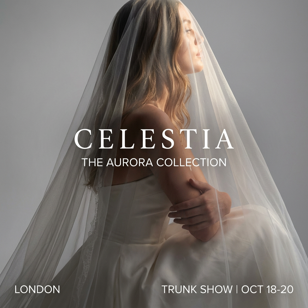 Bride in a strapless satin gown seated in profile beneath a long sheer veil against a grey studio background