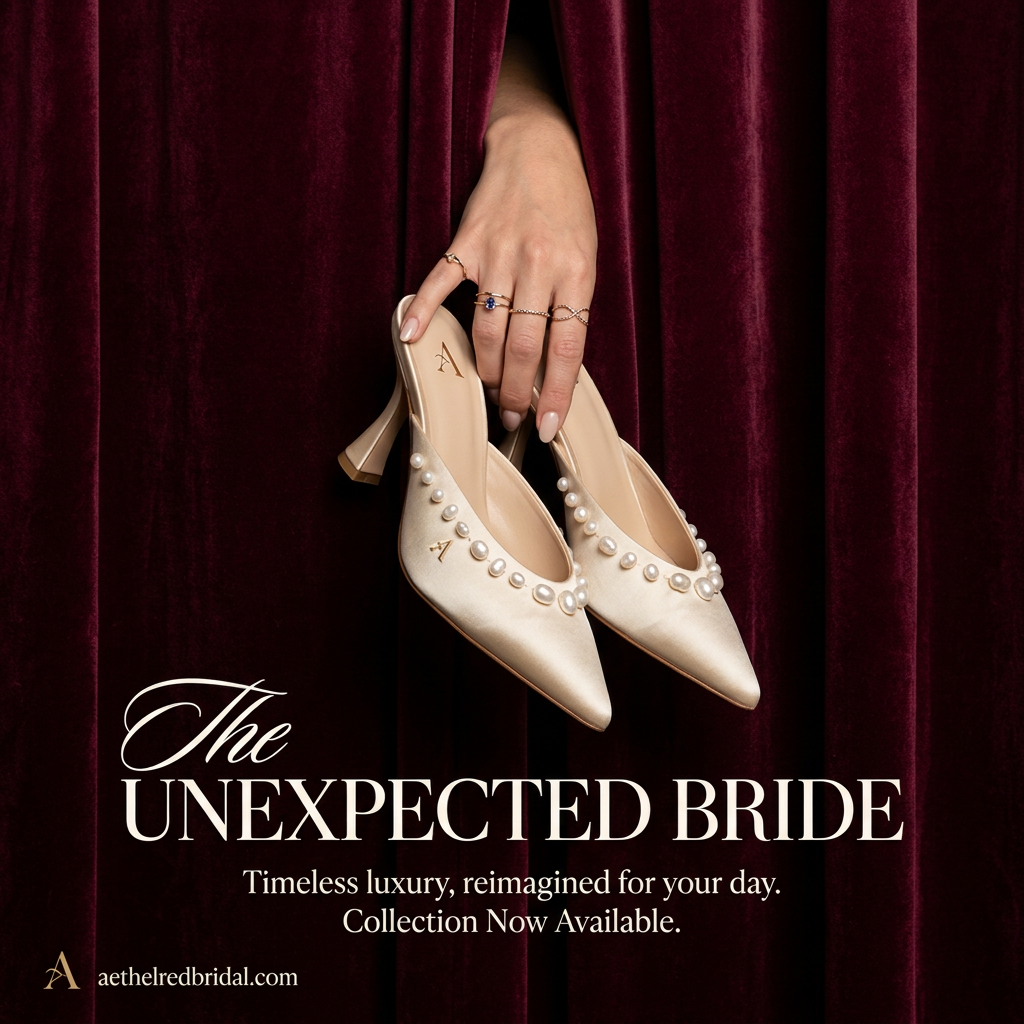 Hand with rings holding ivory satin pearl-trimmed bridal mules through a burgundy velvet curtain