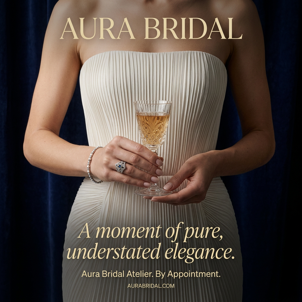 Woman in a pleated ivory strapless gown holding a crystal glass of amber drink against a navy velvet curtain
